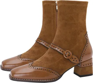 U-lite Women's Elastic Suede Fall Winter Square Toe Shoes, Leather Mid Heel Ankle Boots, Buckle Strap Embellishment Booties