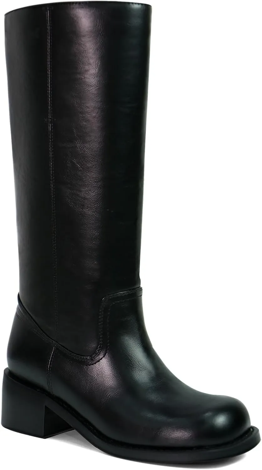 UBWDU Women's Knee High Boots Chunky Block Heel Long Boots Square Toe Low Heel Boots for Women