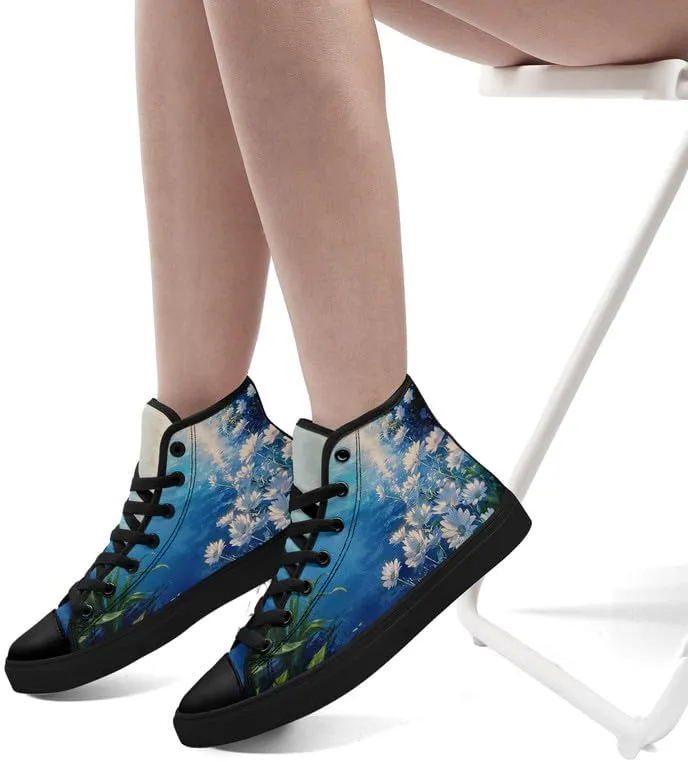 Unisex Fashion High Top Canvas Sneakers Lace-Up Floral Casual Shoes Breathable Walking Tennis Shoes Spring Summer Wear