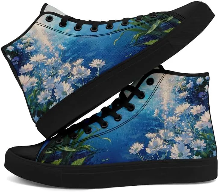 Unisex Fashion High Top Canvas Sneakers Lace-Up Floral Casual Shoes Breathable Walking Tennis Shoes Spring Summer Wear