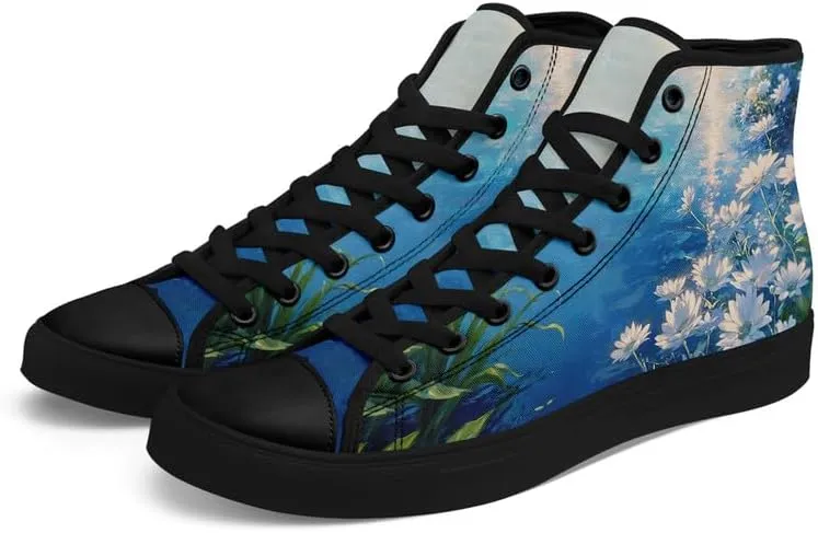 Unisex Fashion High Top Canvas Sneakers Lace-Up Floral Casual Shoes Breathable Walking Tennis Shoes Spring Summer Wear