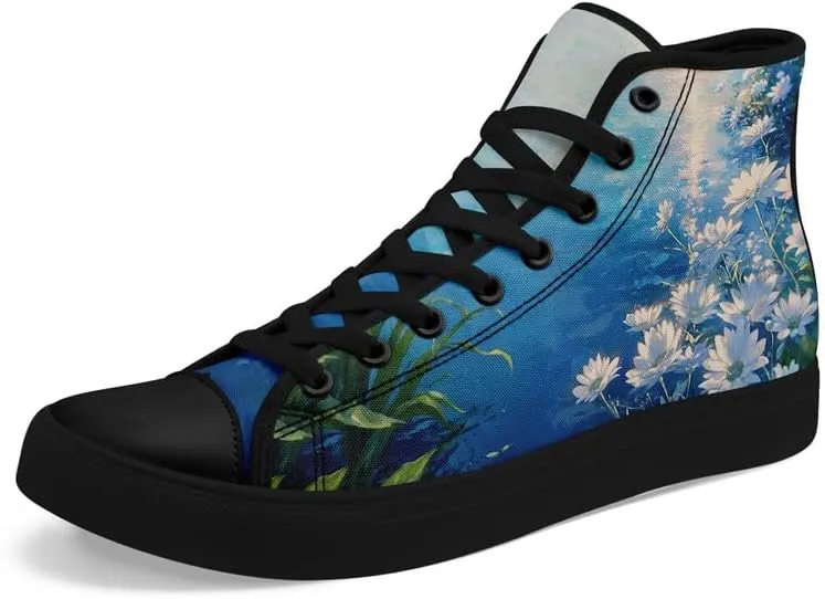 Unisex Fashion High Top Canvas Sneakers Lace-Up Floral Casual Shoes Breathable Walking Tennis Shoes Spring Summer Wear