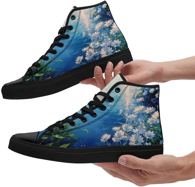 Unisex Fashion High Top Canvas Sneakers Lace-Up Floral Casual Shoes Breathable Walking Tennis Shoes Spring Summer Wear