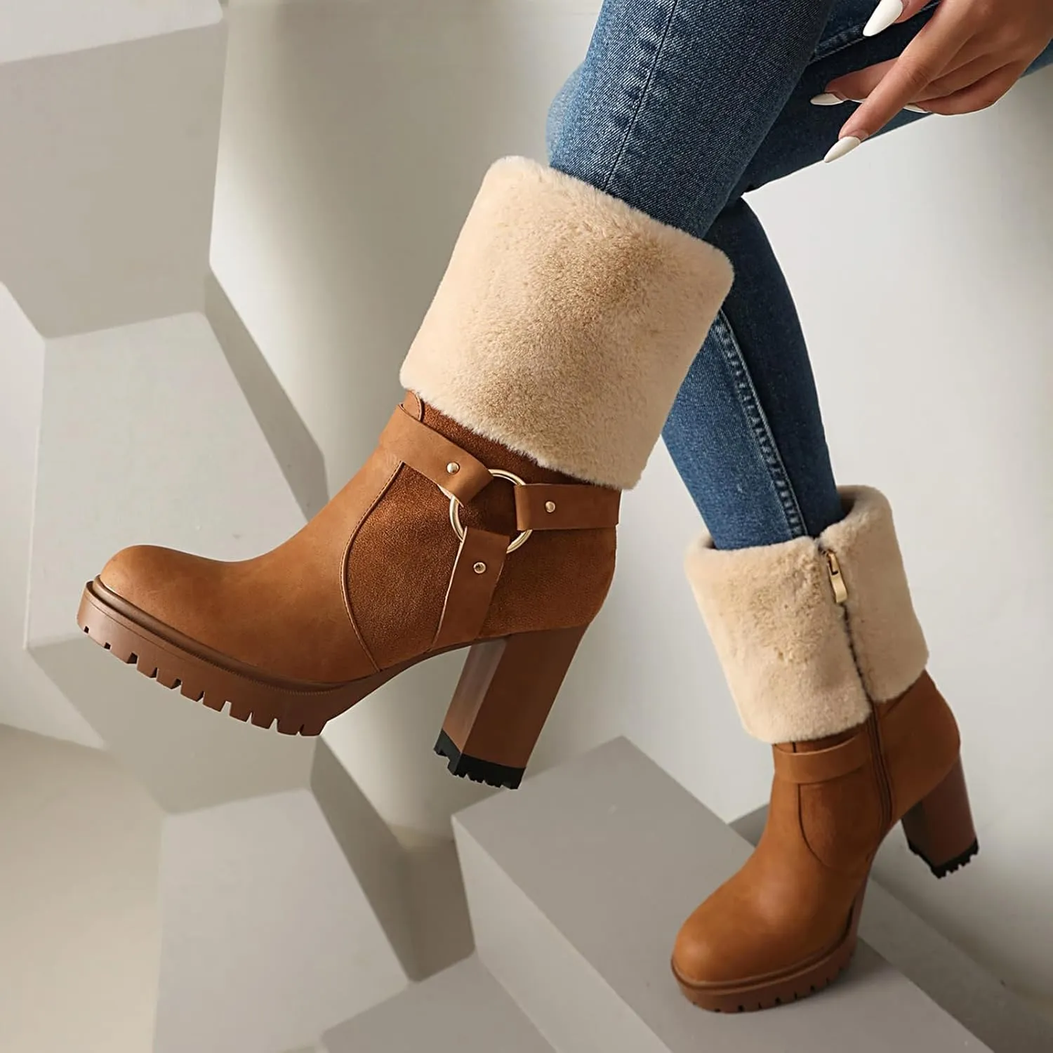 UTIKLIOU Women's Ankle Platform Boots Round Toe Chunky High Heel Boots with Fur Side Zip Suede Winter Fleece Lining Booties