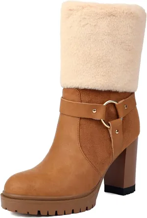 UTIKLIOU Women's Ankle Platform Boots Round Toe Chunky High Heel Boots with Fur Side Zip Suede Winter Fleece Lining Booties