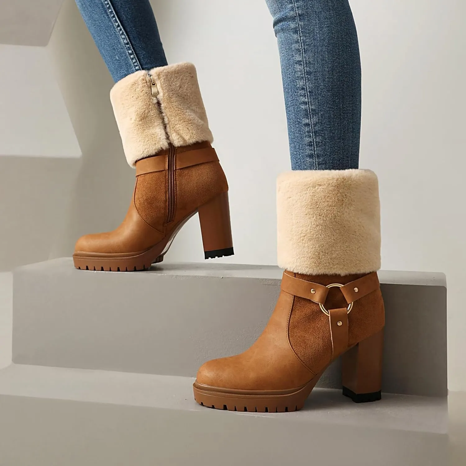 UTIKLIOU Women's Ankle Platform Boots Round Toe Chunky High Heel Boots with Fur Side Zip Suede Winter Fleece Lining Booties