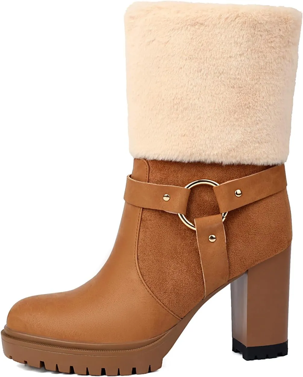 UTIKLIOU Women's Ankle Platform Boots Round Toe Chunky High Heel Boots with Fur Side Zip Suede Winter Fleece Lining Booties