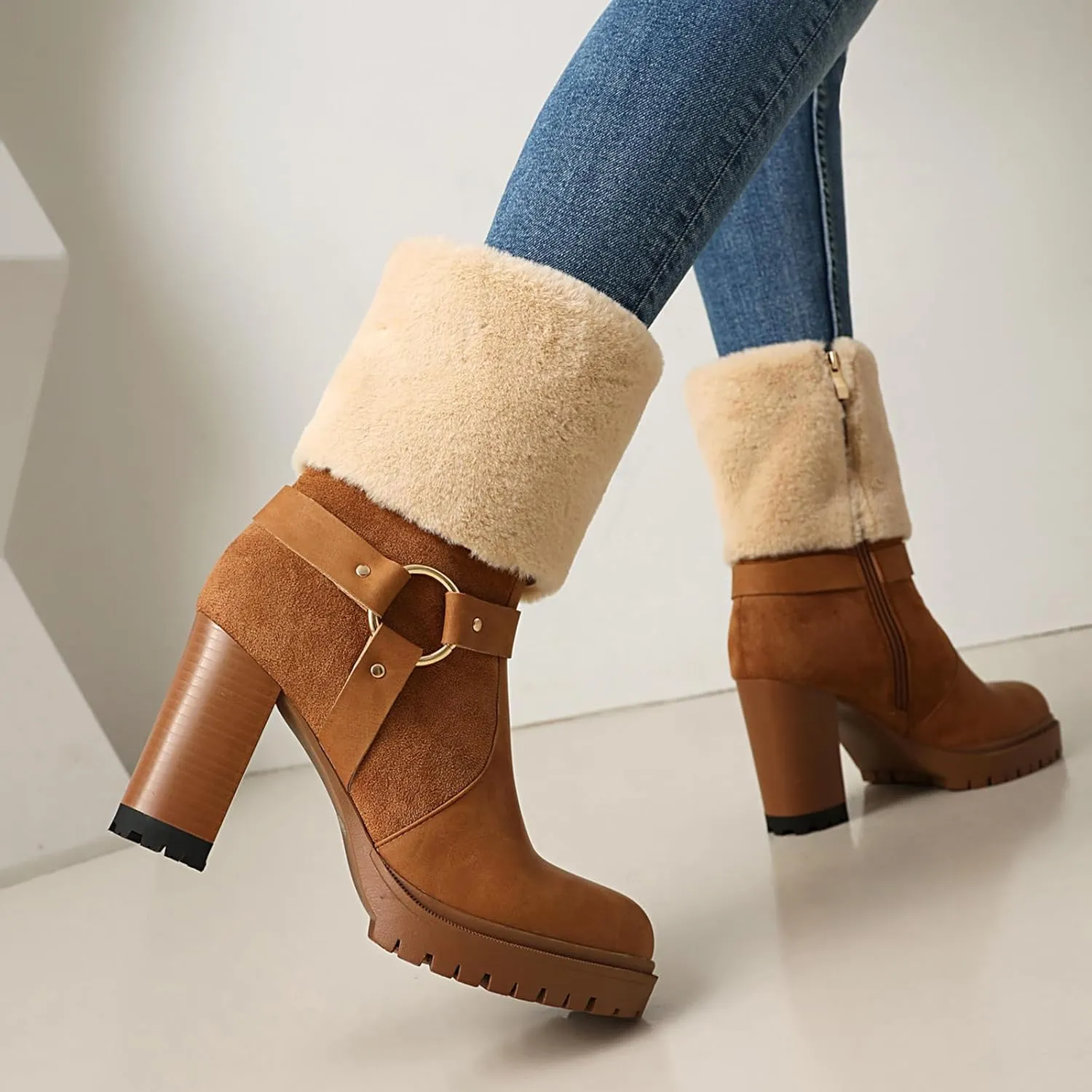 UTIKLIOU Women's Ankle Platform Boots Round Toe Chunky High Heel Boots with Fur Side Zip Suede Winter Fleece Lining Booties
