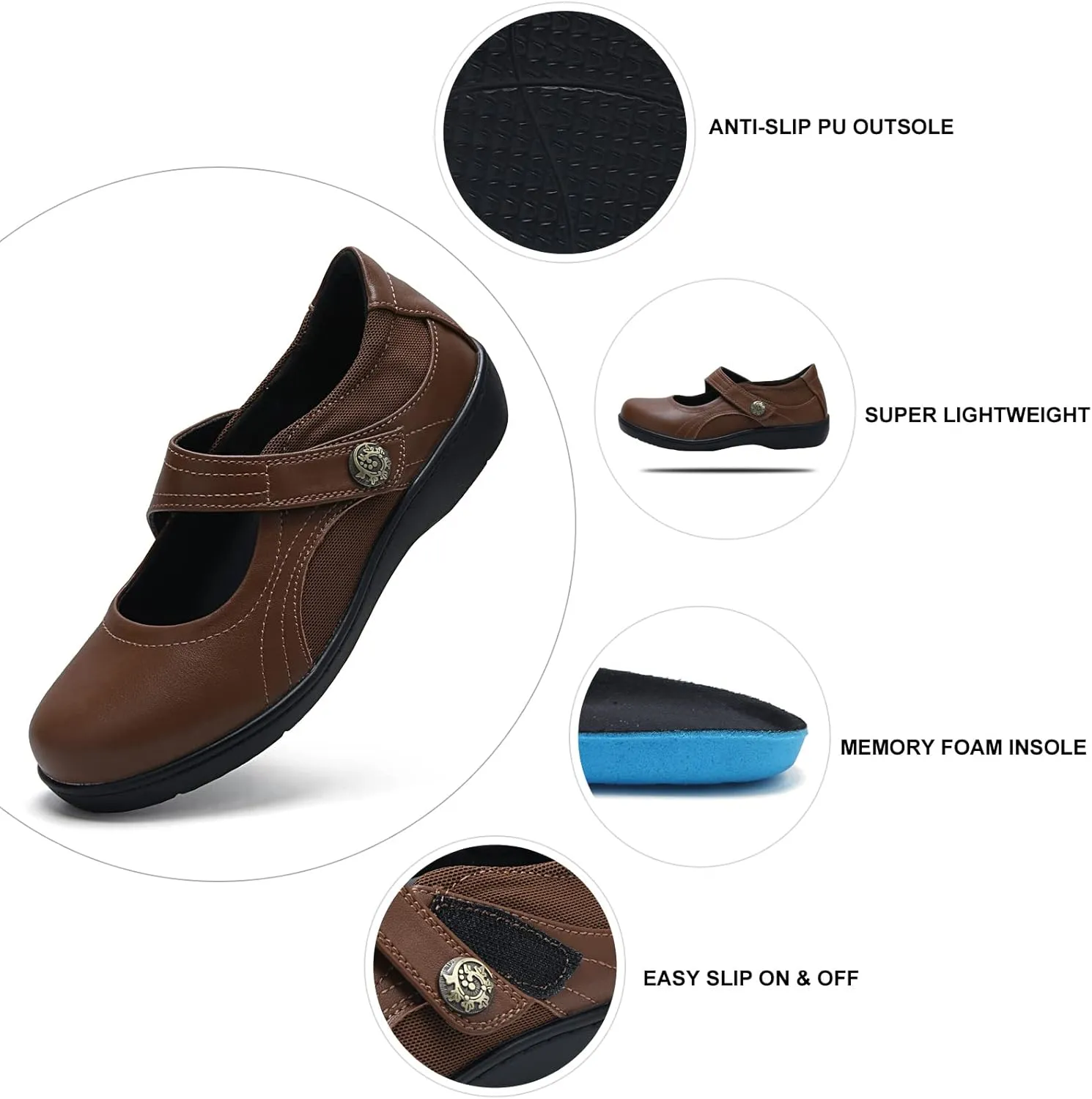 UZB Mary Jane Shoes Women Orthopedic Flats Comfortable Non Slip Work Shoes with Memory Foam