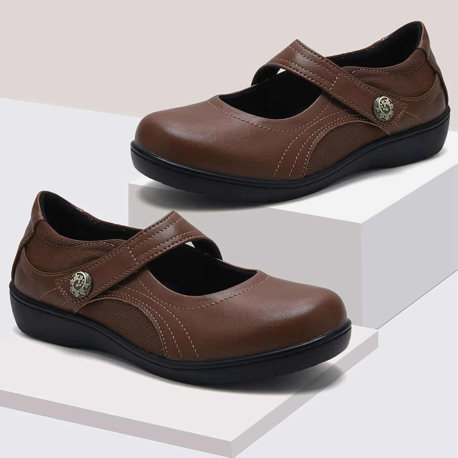 UZB Mary Jane Shoes Women Orthopedic Flats Comfortable Non Slip Work Shoes with Memory Foam