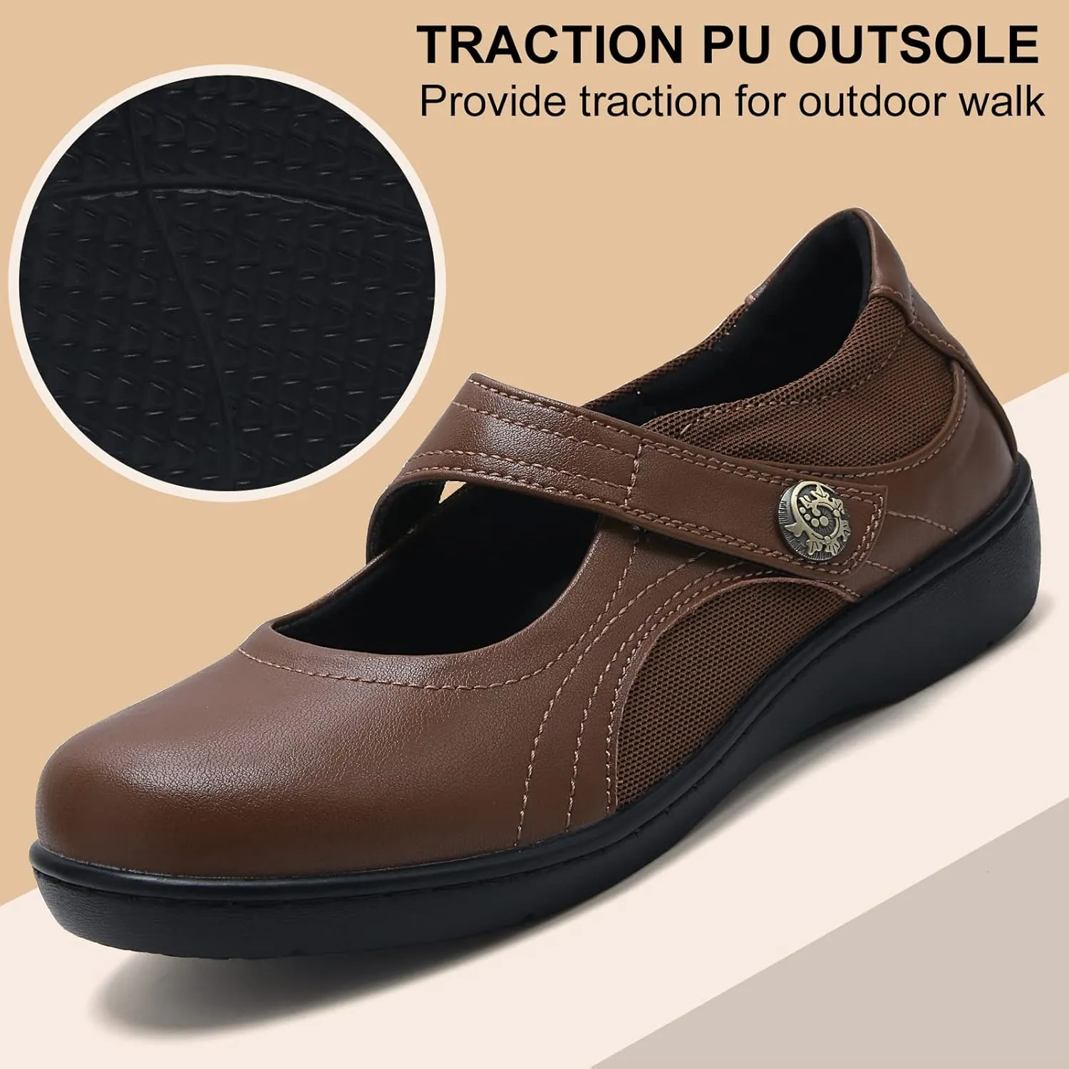 UZB Mary Jane Shoes Women Orthopedic Flats Comfortable Non Slip Work Shoes with Memory Foam