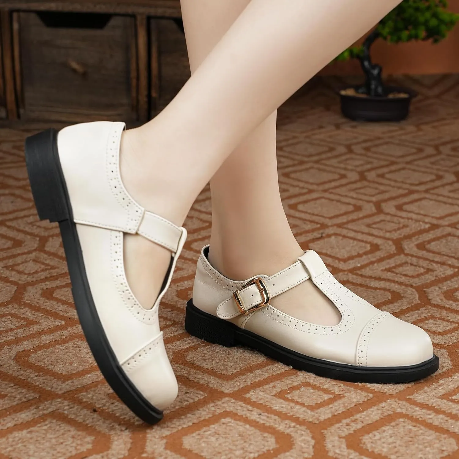 UZB Mary Jane Shoes Womens Flat Shoes Round Toe Memory Foam Casual Dress Shoes