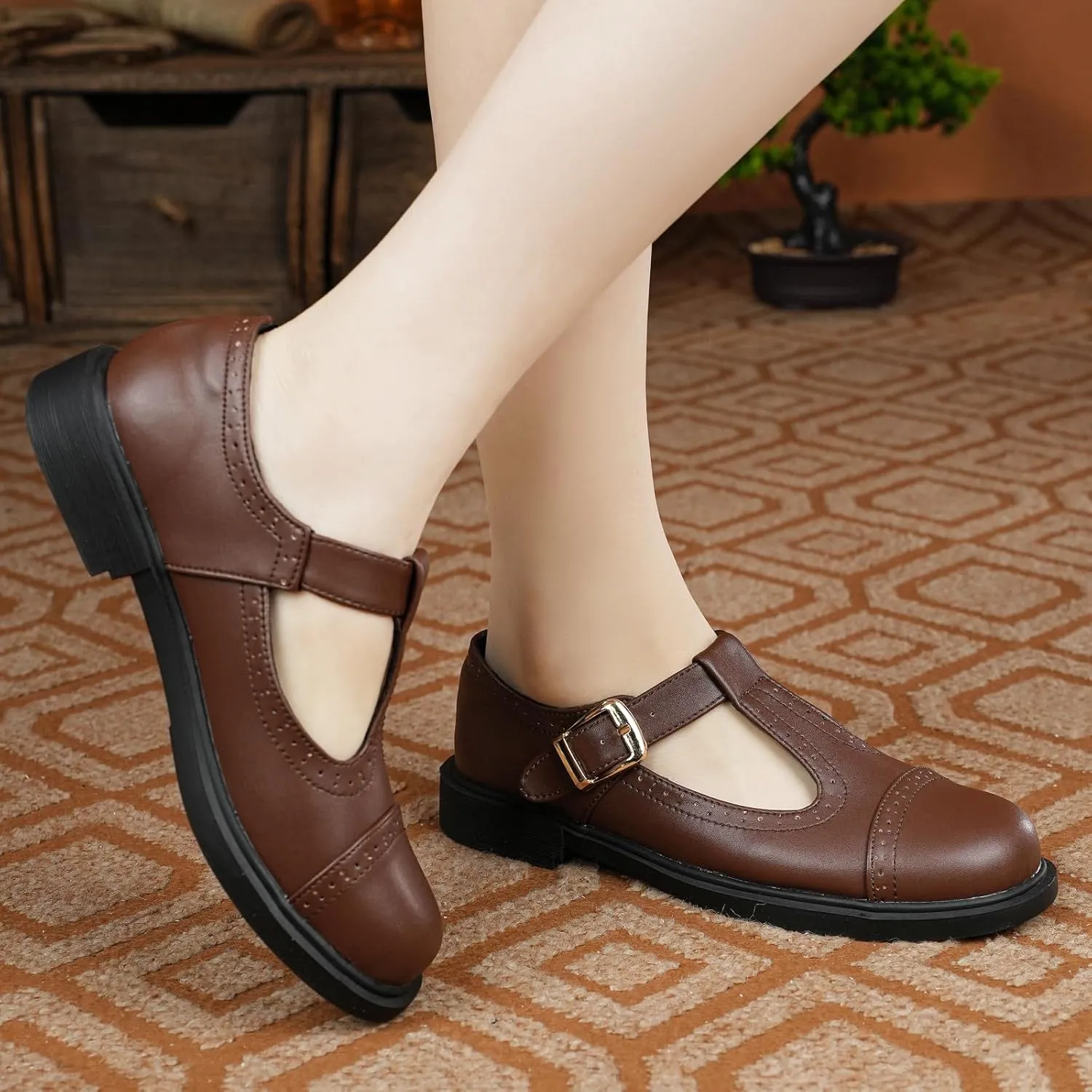 UZB Mary Jane Shoes Womens Flat Shoes Round Toe Memory Foam Casual Dress Shoes