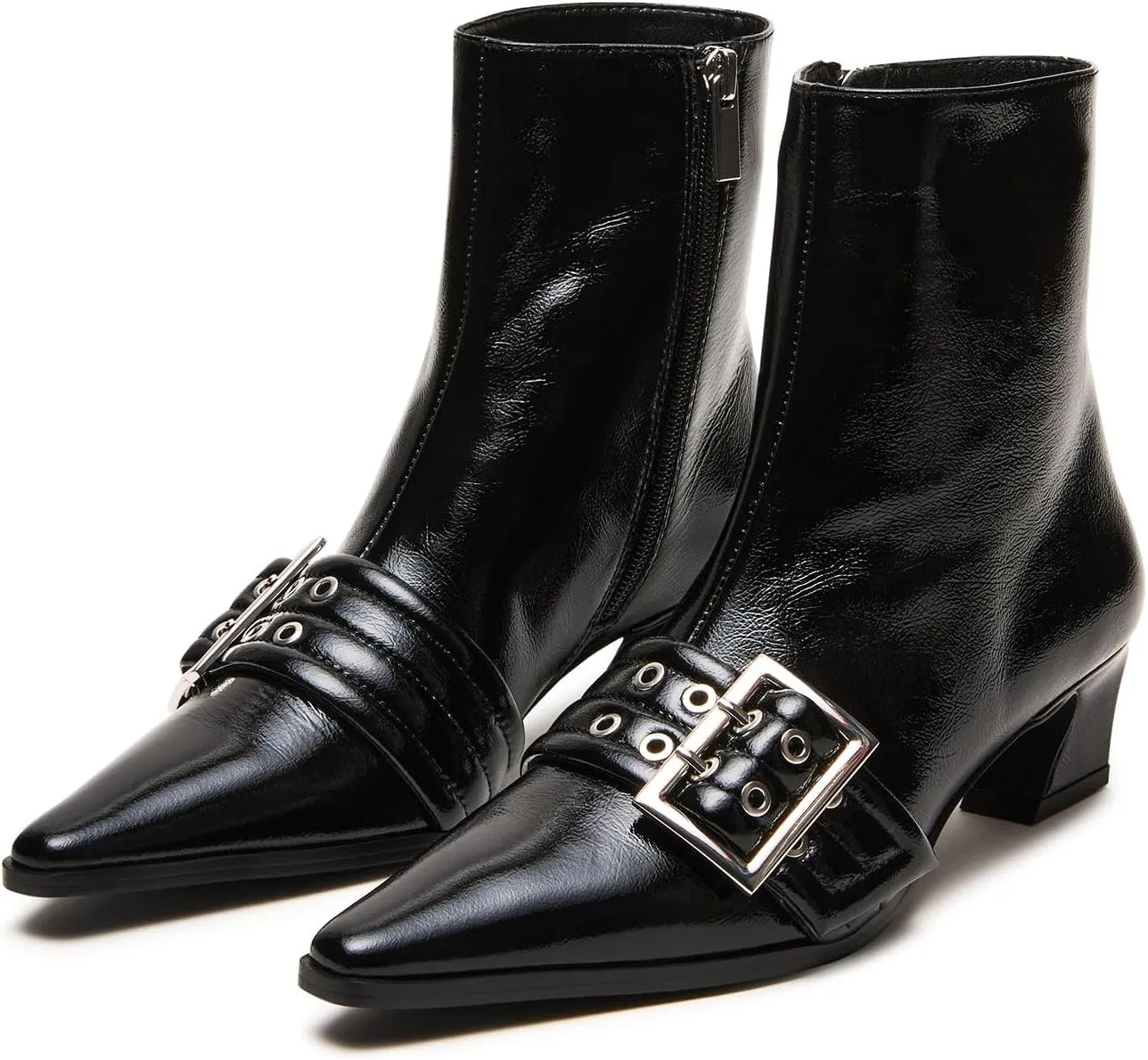 Vaslemuse Women Booties Buckle Ankle Boots Kitten Low Heel Eyelet Booties Sexy Pointy Toe Fashion Dress Short Boots with Zips