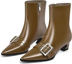 Vaslemuse Women Booties Buckle Ankle Boots Kitten Low Heel Eyelet Booties Sexy Pointy Toe Fashion Dress Short Boots with Zips