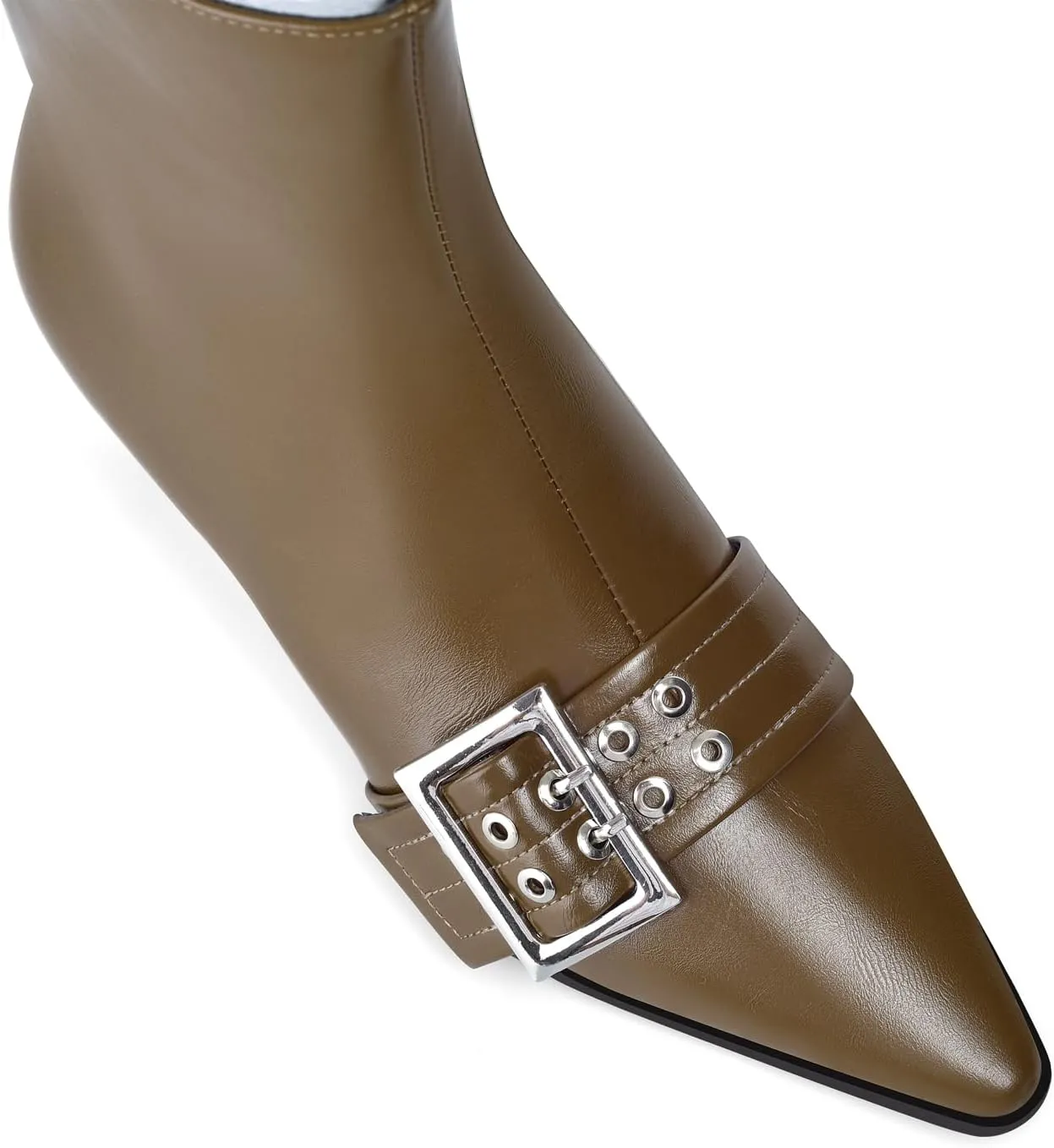 Vaslemuse Women Booties Buckle Ankle Boots Kitten Low Heel Eyelet Booties Sexy Pointy Toe Fashion Dress Short Boots with Zips