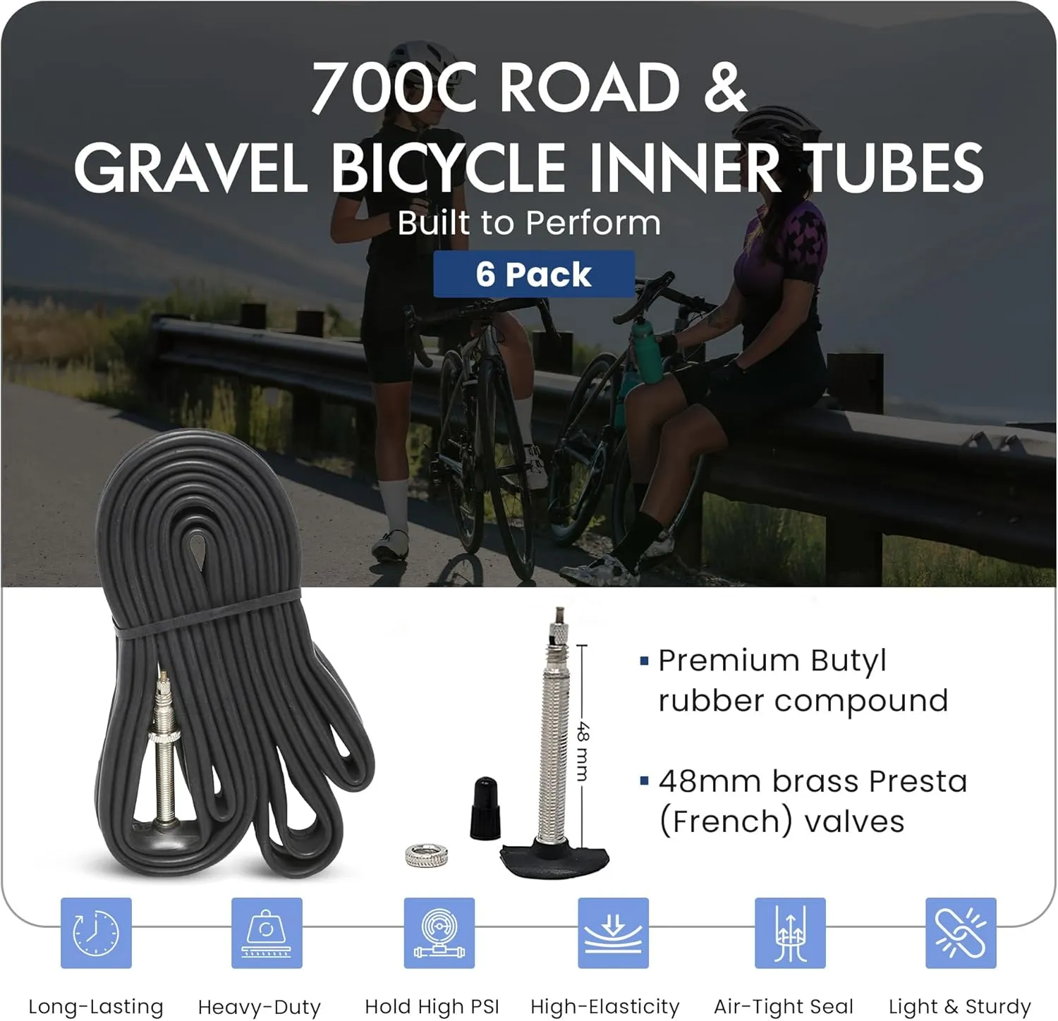 VeloTubes 700C X (18/25, 28/34, 35/43) Road & Gravel Bike Inner Tubes 48mm Presta Valve Bicycle Tubes, Pack of 6