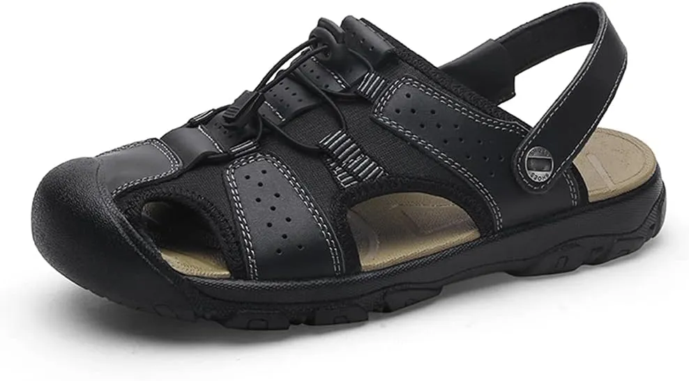 Veslexth Men's Outdoor Adjustable Closed Toe Sandals Leather Handmade Shoes Fisherman Anti-Slip Casual Sandal Fashion Water Breathable Slippers for Walking Trail Driving Travel
