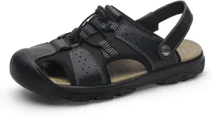Veslexth Men's Outdoor Adjustable Closed Toe Sandals Leather Handmade Shoes Fisherman Anti-Slip Casual Sandal Fashion Water Breathable Slippers for Walking Trail Driving Travel
