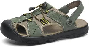 Veslexth Men's Outdoor Adjustable Closed Toe Sandals Leather Handmade Shoes Fisherman Anti-Slip Casual Sandal Fashion Water Breathable Slippers for Walking Trail Driving Travel