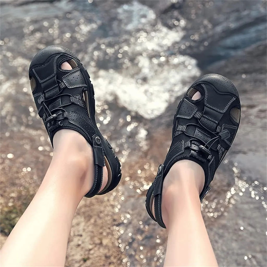Veslexth Men's Outdoor Adjustable Closed Toe Sandals Leather Handmade Shoes Fisherman Anti-Slip Casual Sandal Fashion Water Breathable Slippers for Walking Trail Driving Travel