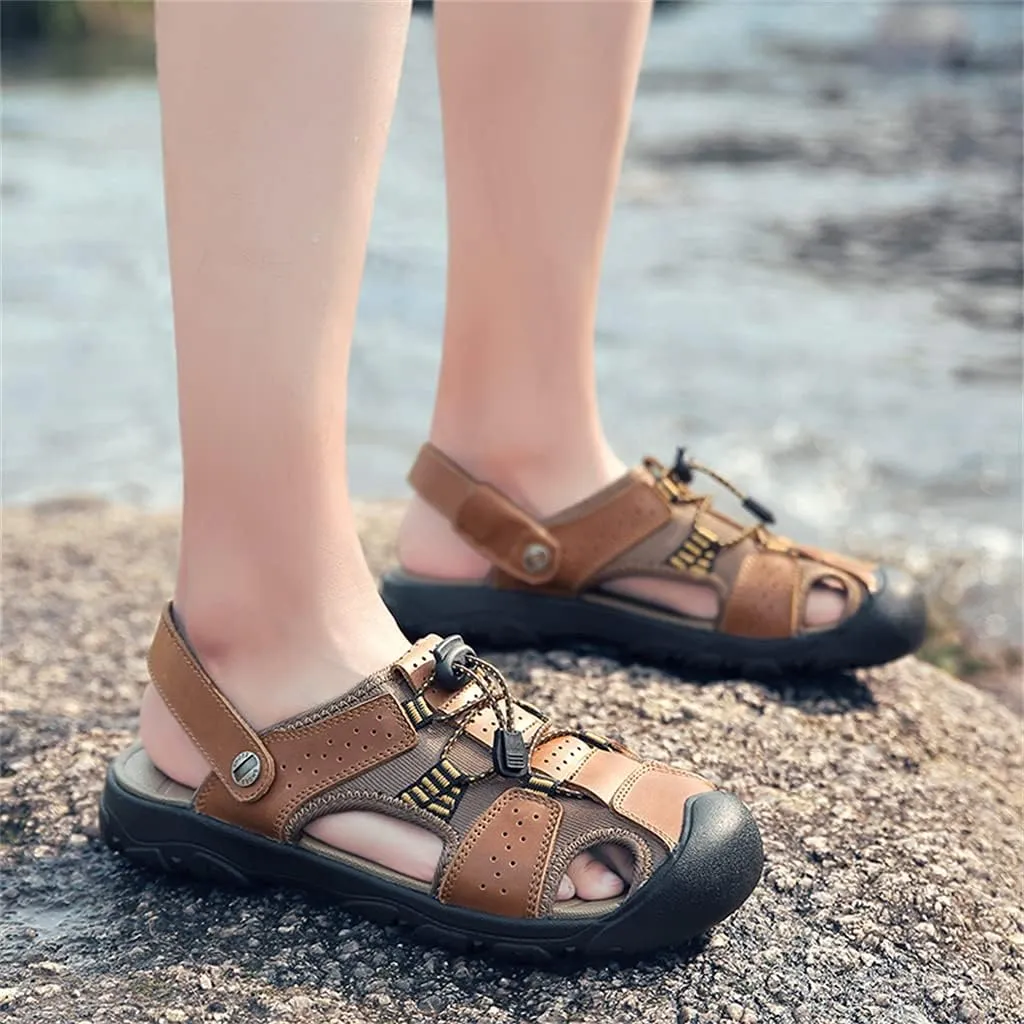 Veslexth Men's Outdoor Adjustable Closed Toe Sandals Leather Handmade Shoes Fisherman Anti-Slip Casual Sandal Fashion Water Breathable Slippers for Walking Trail Driving Travel