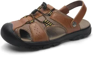 Veslexth Men's Outdoor Adjustable Closed Toe Sandals Leather Handmade Shoes Fisherman Anti-Slip Casual Sandal Fashion Water Breathable Slippers for Walking Trail Driving Travel