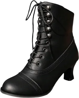 Victorian Boots for Women Vintage Granny Boots Renaissance Mid Calf Boots Costume Lace Up Low Heel Goth Boots with Zipper