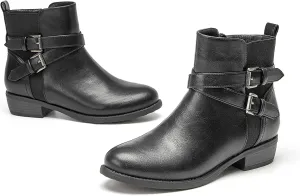 VJH confort Women's Ankle Boots,Round Toe Low Heel Comfort Elastic Booties with Side Zipper Buckle Strap
