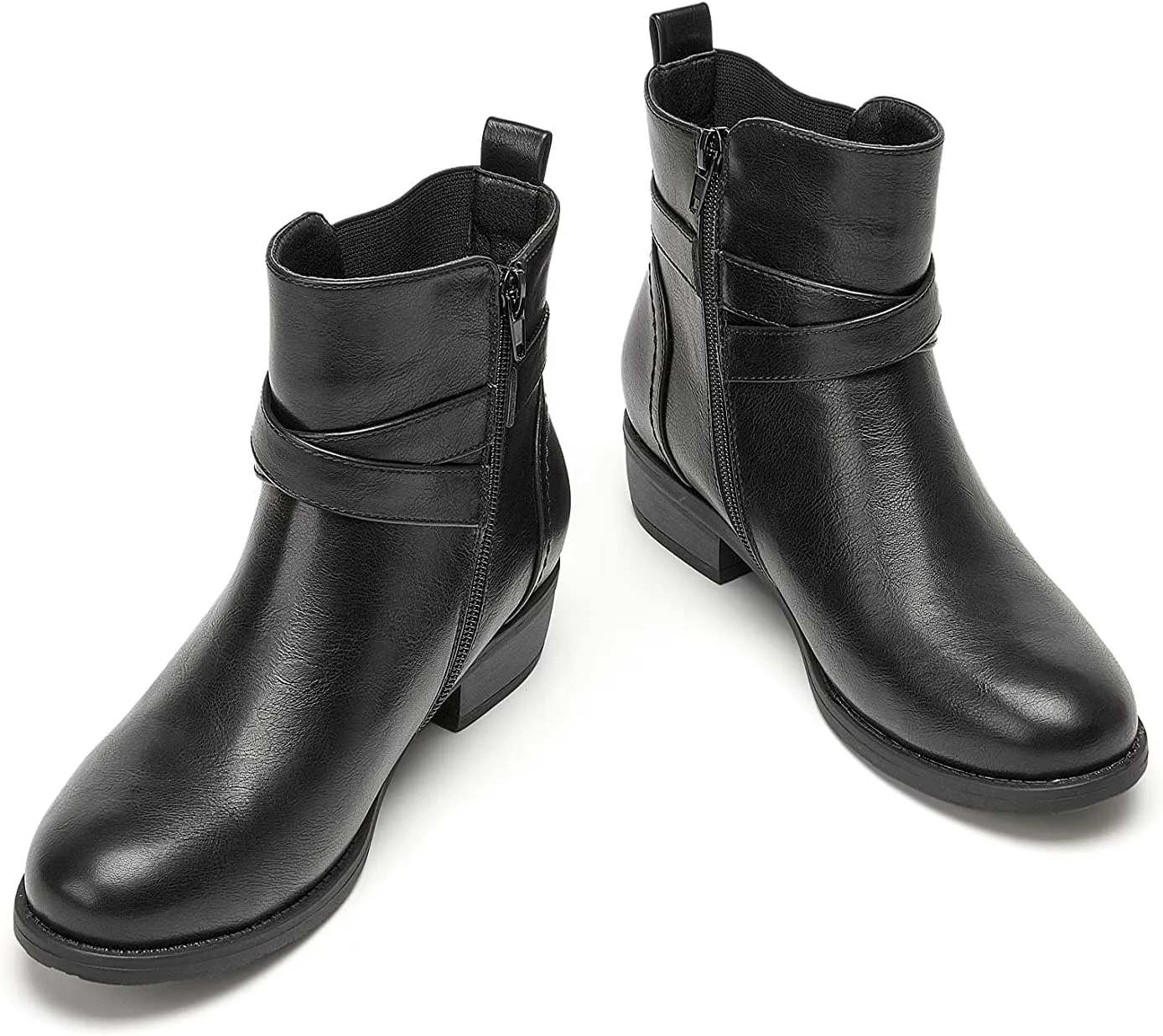 VJH confort Women's Ankle Boots,Round Toe Low Heel Comfort Elastic Booties with Side Zipper Buckle Strap
