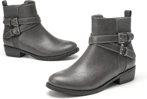 VJH confort Women's Ankle Boots,Round Toe Low Heel Comfort Elastic Booties with Side Zipper Buckle Strap