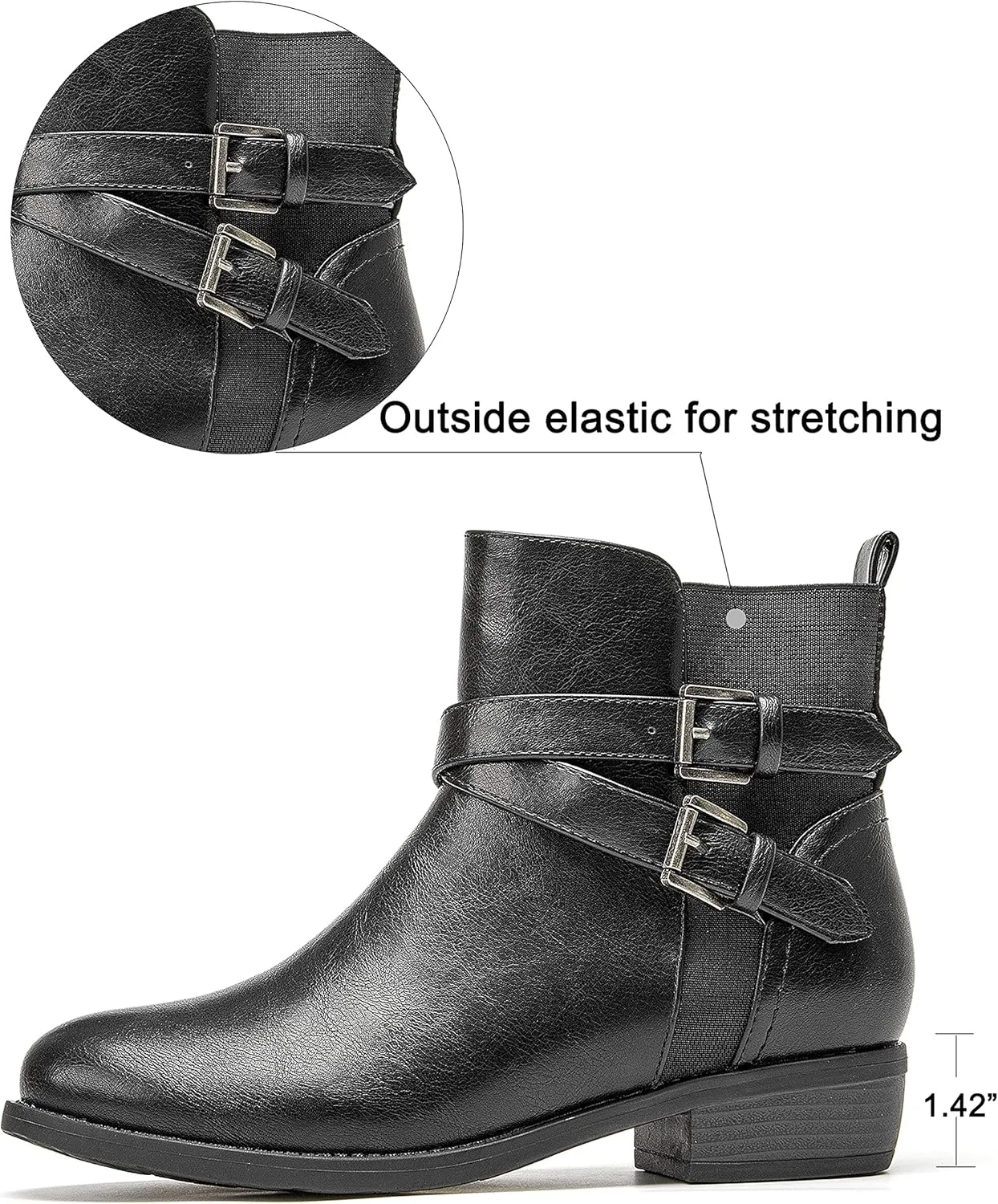 VJH confort Women's Ankle Boots,Round Toe Low Heel Comfort Elastic Booties with Side Zipper Buckle Strap