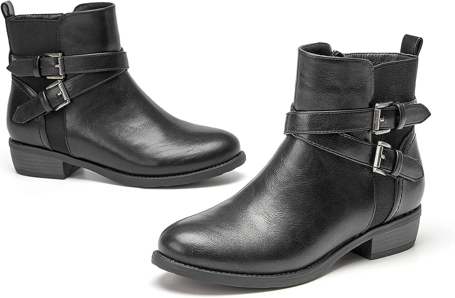 VJH confort Women's Ankle Boots,Round Toe Low Heel Comfort Elastic Booties with Side Zipper Buckle Strap
