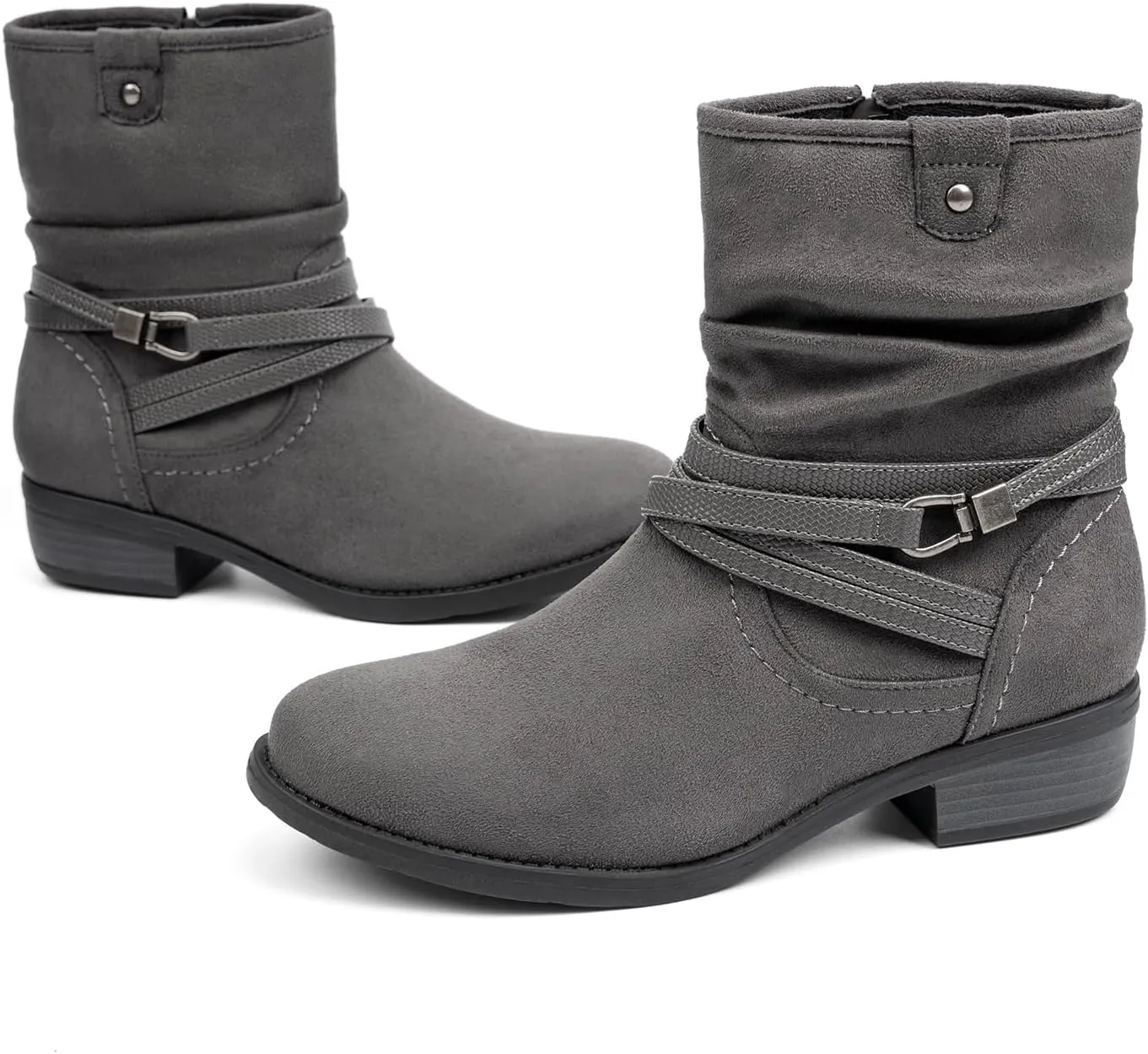 VJH confort Women's Mid Calf Boot,Round Toe Low Heel Comfort Slouchy Bootie with Side Zipper Buckle Strap