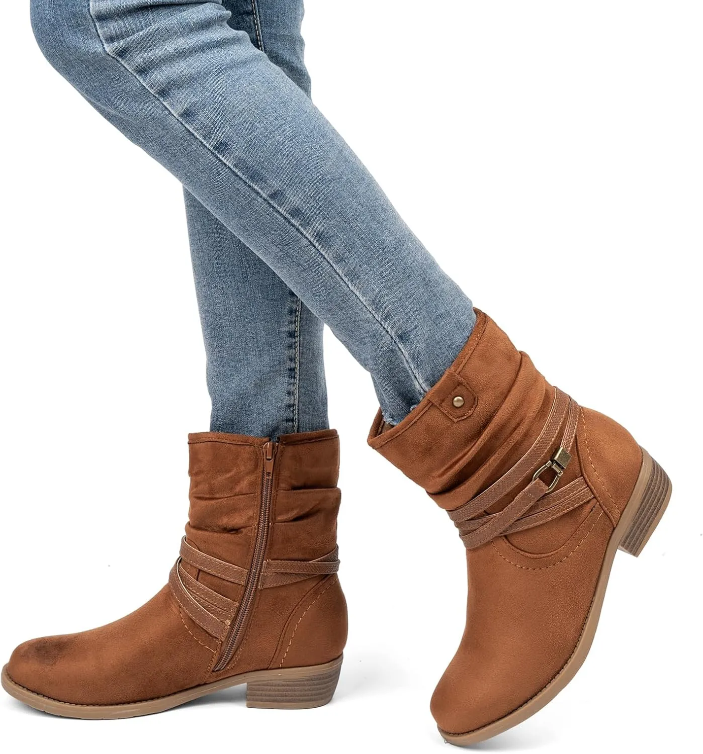 VJH confort Women's Mid Calf Boot,Round Toe Low Heel Comfort Slouchy Bootie with Side Zipper Buckle Strap