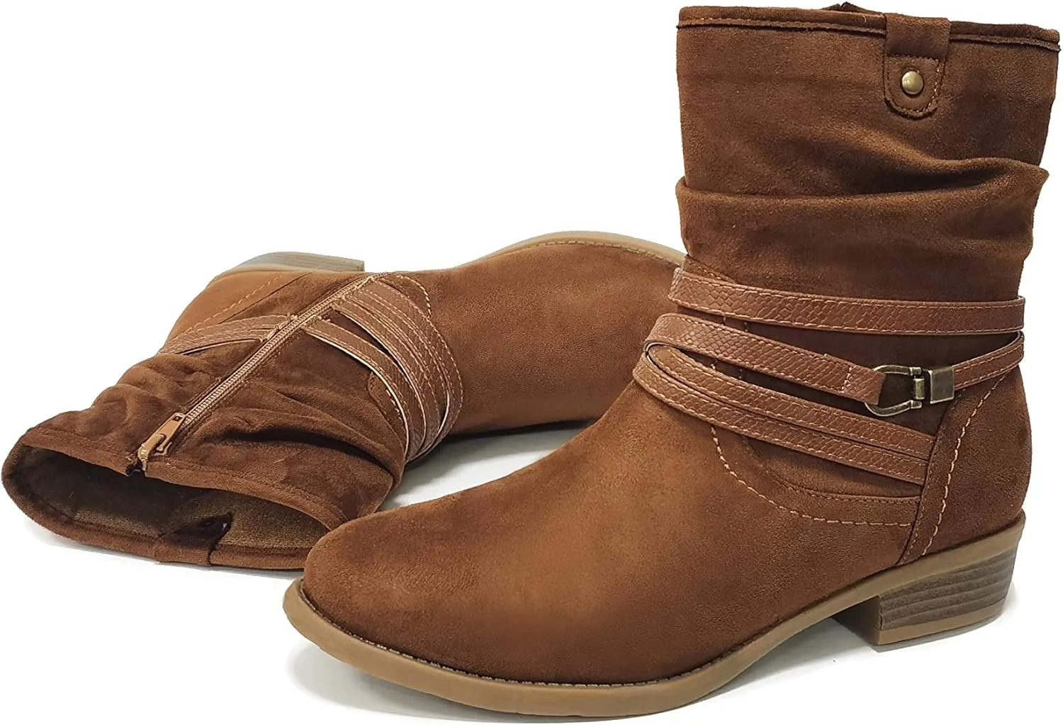 VJH confort Women's Mid Calf Boot,Round Toe Low Heel Comfort Slouchy Bootie with Side Zipper Buckle Strap