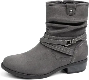 VJH confort Women's Mid Calf Boot,Round Toe Low Heel Comfort Slouchy Bootie with Side Zipper Buckle Strap