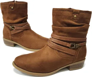 VJH confort Women's Mid Calf Boot,Round Toe Low Heel Comfort Slouchy Bootie with Side Zipper Buckle Strap