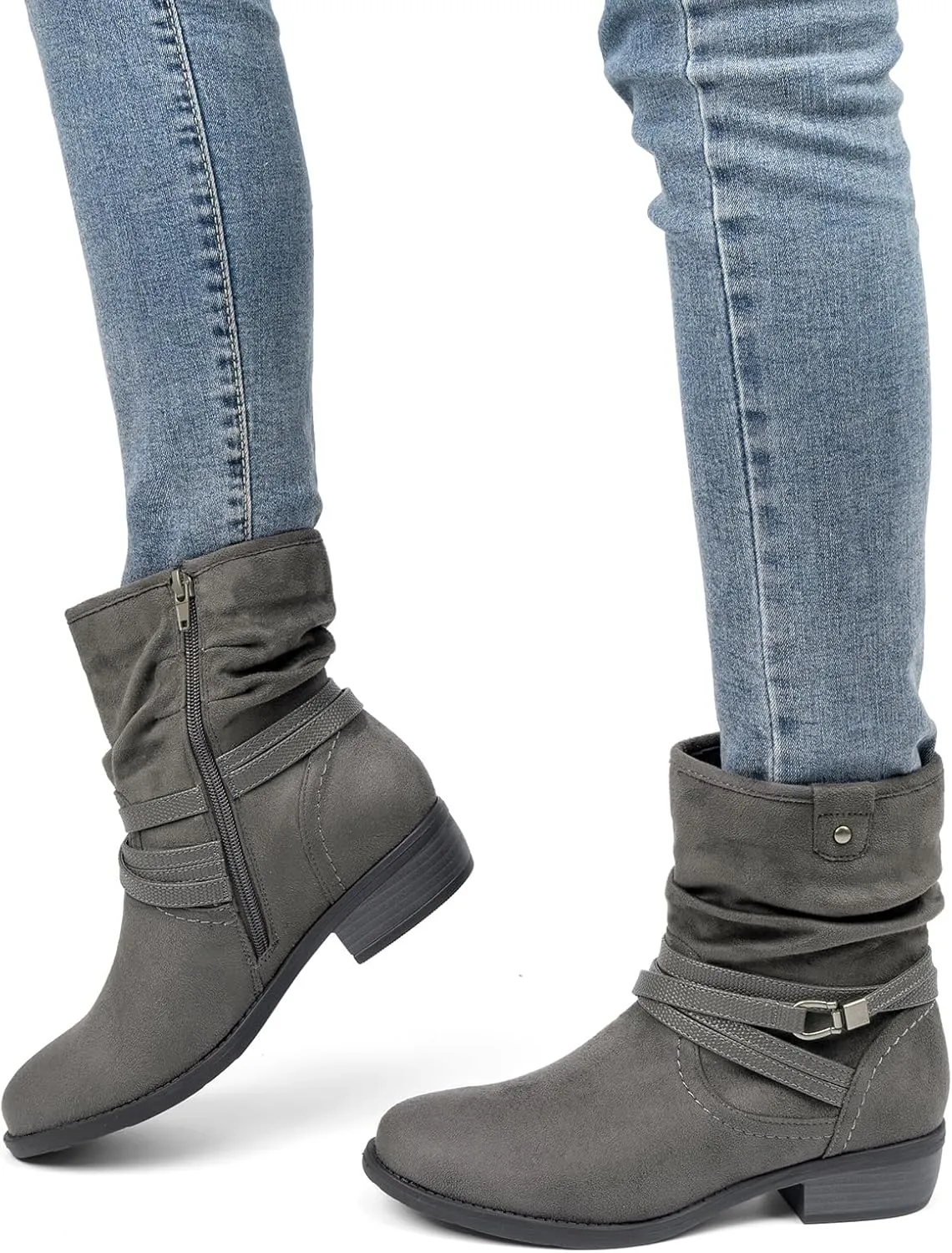 VJH confort Women's Mid Calf Boot,Round Toe Low Heel Comfort Slouchy Bootie with Side Zipper Buckle Strap