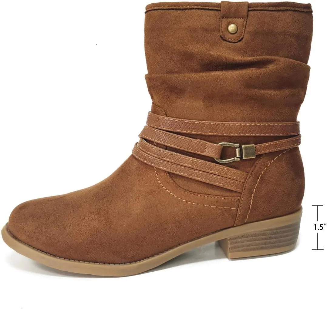 VJH confort Women's Mid Calf Boot,Round Toe Low Heel Comfort Slouchy Bootie with Side Zipper Buckle Strap