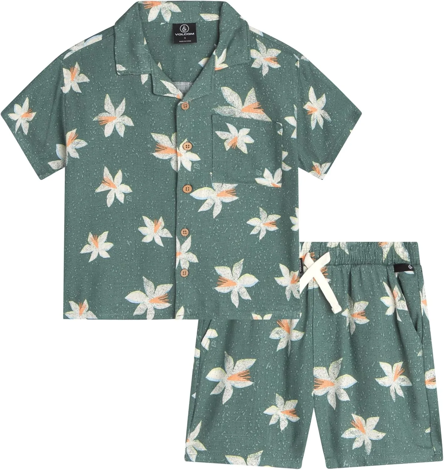 Volcom Toddler Boy Shorts Set - 2 Piece Short Sleeve Button Down Hawaiian Shirt & Matching Shorts, Little Boys Summer Outfits