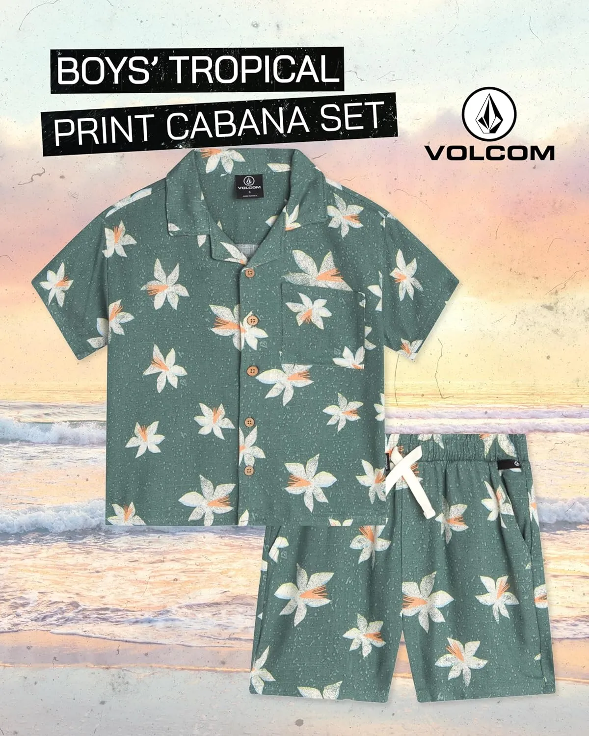 Volcom Toddler Boy Shorts Set - 2 Piece Short Sleeve Button Down Hawaiian Shirt & Matching Shorts, Little Boys Summer Outfits