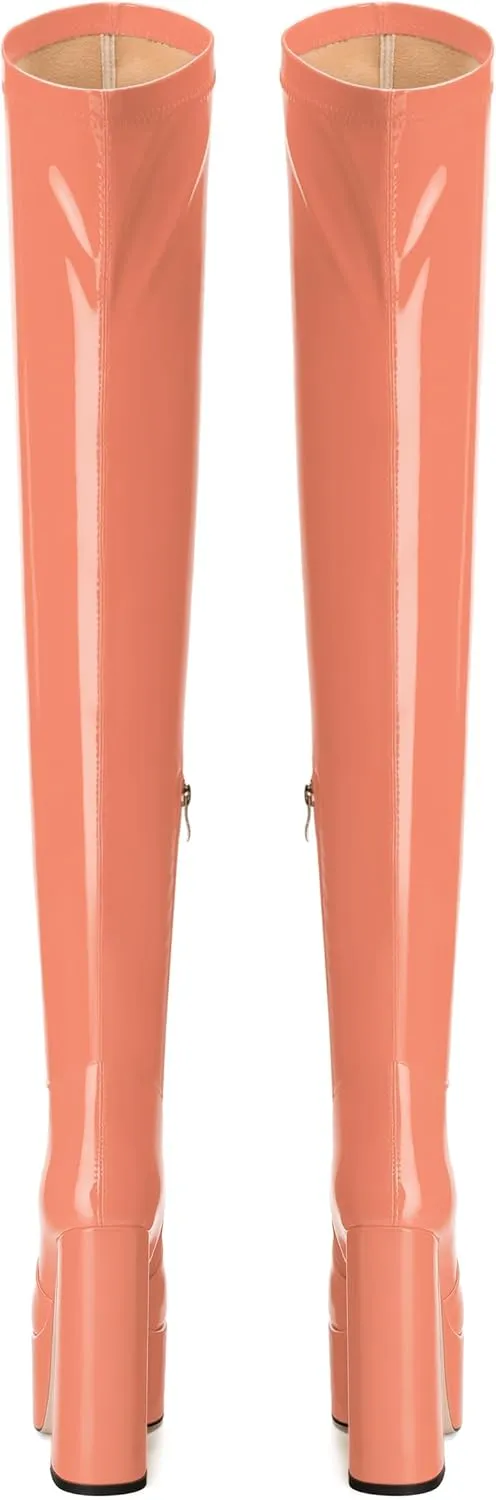 WAYDERNS Over the Knee Boots for Women Patent Leather Platform Block High Heel Round Toe 5.9 Inch Side Zipper Long Boots Sexy Dating Party Evening Thigh High Boots