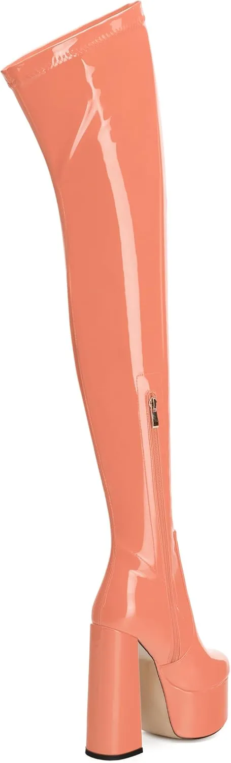 WAYDERNS Over the Knee Boots for Women Patent Leather Platform Block High Heel Round Toe 5.9 Inch Side Zipper Long Boots Sexy Dating Party Evening Thigh High Boots