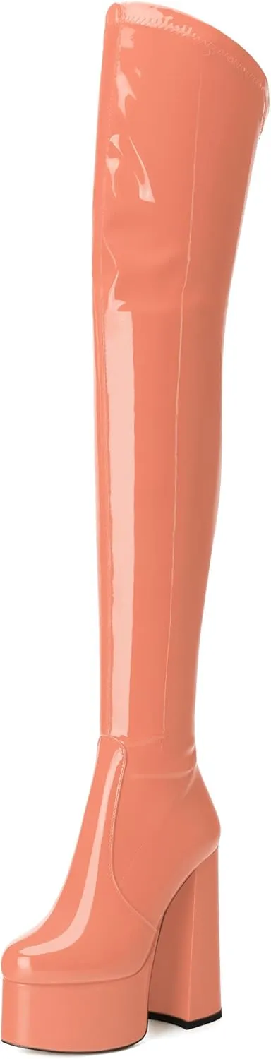 WAYDERNS Over the Knee Boots for Women Patent Leather Platform Block High Heel Round Toe 5.9 Inch Side Zipper Long Boots Sexy Dating Party Evening Thigh High Boots