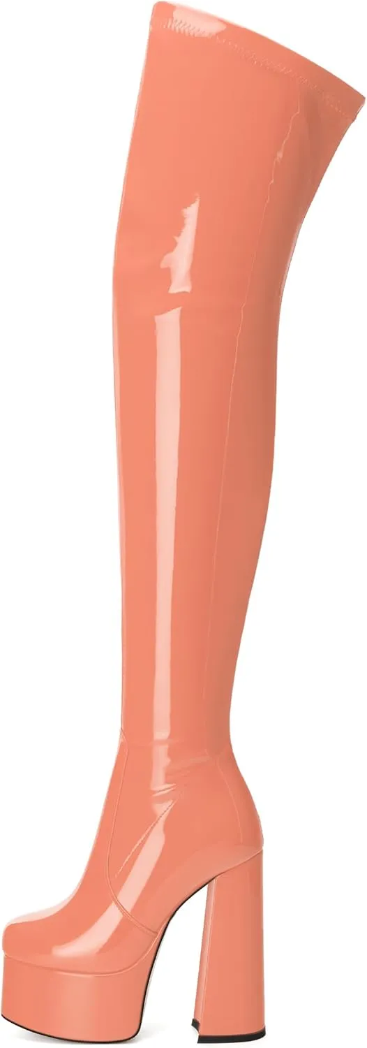 WAYDERNS Over the Knee Boots for Women Patent Leather Platform Block High Heel Round Toe 5.9 Inch Side Zipper Long Boots Sexy Dating Party Evening Thigh High Boots