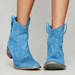 Western Cowboy Ankle Boots for Women,Low Heel Mid Calf Cowgirl Boots Slip On Round Toe Chunky Heel Fashion Retro Classic Boots Suede Back Zipper Fall Short Ankle Booties