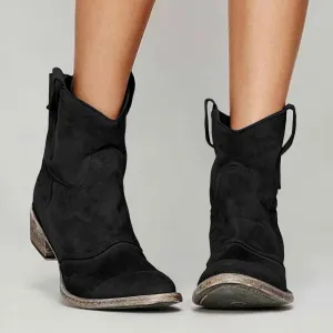 Western Cowboy Ankle Boots for Women,Low Heel Mid Calf Cowgirl Boots Slip On Round Toe Chunky Heel Fashion Retro Classic Boots Suede Back Zipper Fall Short Ankle Booties