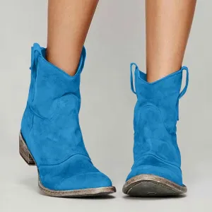Western Cowboy Ankle Boots for Women,Low Heel Mid Calf Cowgirl Boots Slip On Round Toe Chunky Heel Fashion Retro Classic Boots Suede Back Zipper Fall Short Ankle Booties