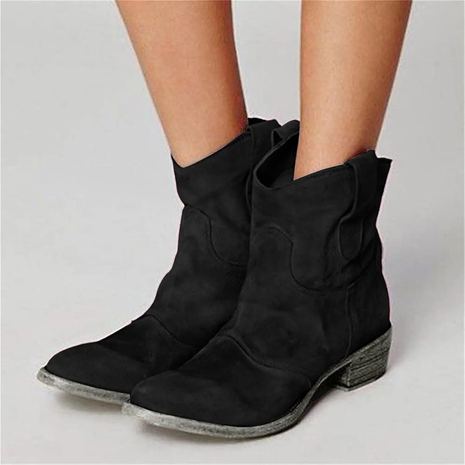 Western Cowboy Ankle Boots for Women,Low Heel Mid Calf Cowgirl Boots Slip On Round Toe Chunky Heel Fashion Retro Classic Boots Suede Back Zipper Fall Short Ankle Booties